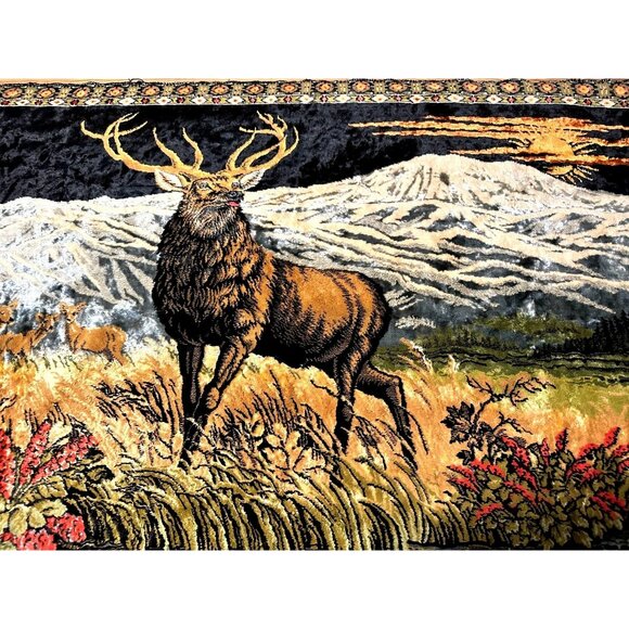 Large Mule Deer Mountain Lake Sunset Tapestry Wild Life Cabin Wall Hanging *READ - Picture 1 of 7